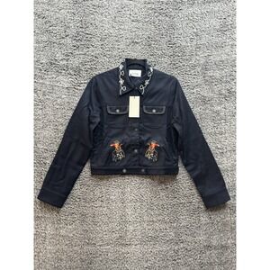 Monoki by Diane‎ Goldstein Navy Rider Wool Embroidered Cropped Jacket Sz TU NWT